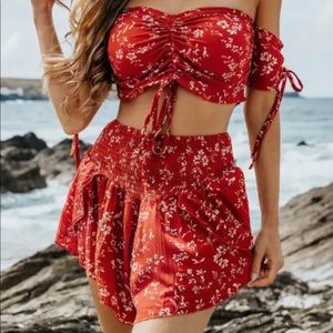 Off Shoulder Cinched Floral Set - Chestnut Red